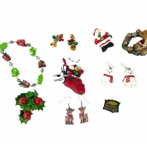 9 PC Christmas Holiday Lot Jewelry Mixed Assorted Earrings Pins Bracelet - Picture 4 of 11